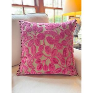 Designers Guild Fuchsia Pink Velvet Floral Striped Reversible Throw Pillow 18x18